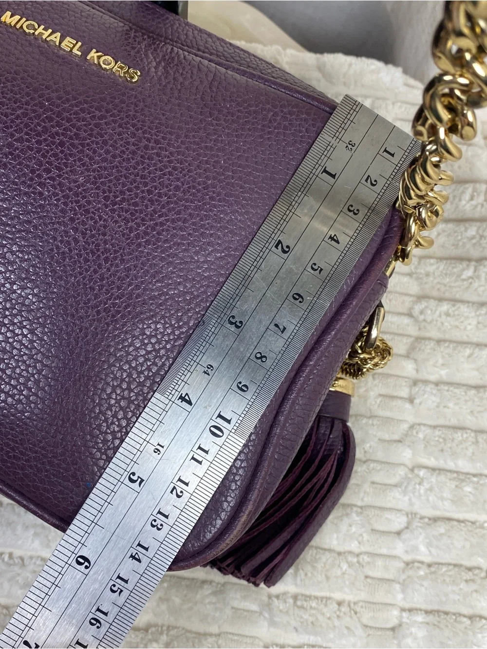 Michael Kors Ginny Camera Bag Plum Purple Pebbled Leather Crossbody Purse Tassel